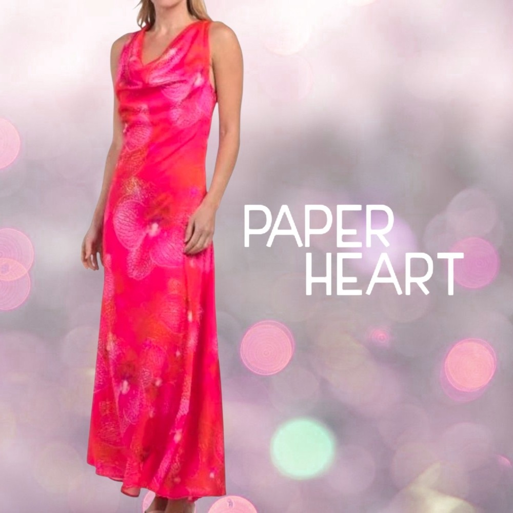 Paper Heart Womens Floral Cowl Neck Sleeveless Maxi Dress Pink Orange L